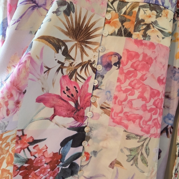 Annick Patchwork Tropical Floral Animal Print Midi Feminine Long Sleeve Dress S - Picture 12 of 13